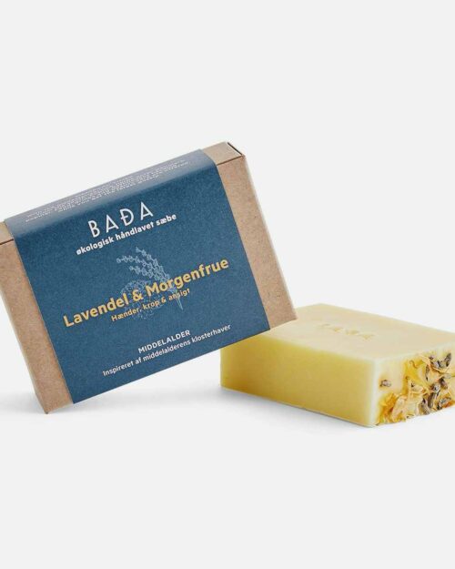 Håndlavet sæbebar fra BADA med duft af lavendel og morgenfrue