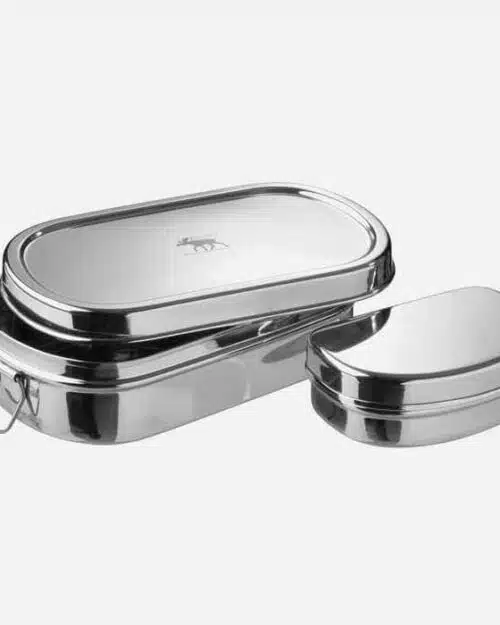 Oval madkasse i stål med snackboks