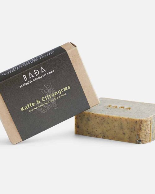 Håndlavet sæbebar med skrubbeeffekt fra BADA med duft kaffe og citrongræs