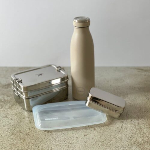 Madpakke kit med drikkeflakse, madkasse og silikonepose
